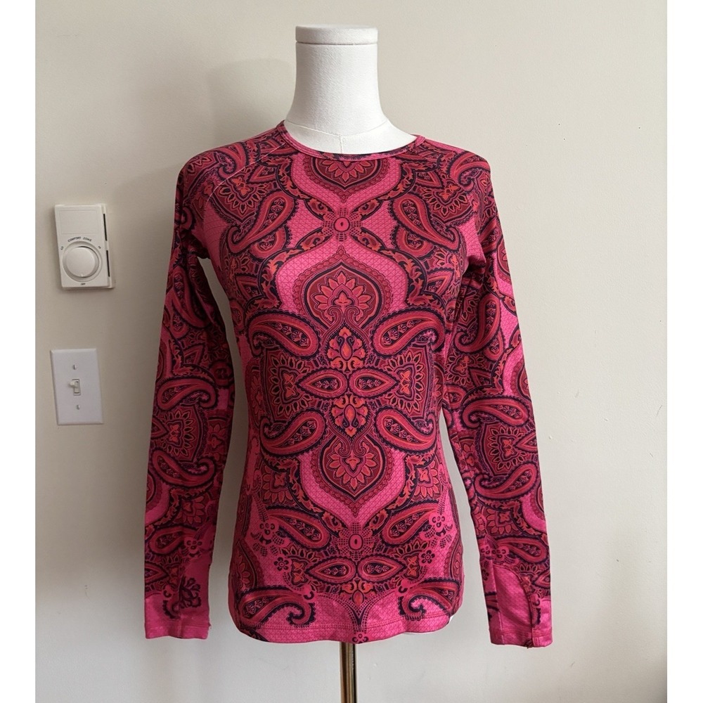 Athleta XXS XS Slim Fit Bodycon Long Sleeve Top Paisley Pink Stretch Workout